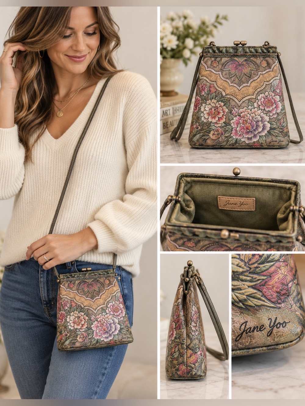 Artist Jane Yoo Hand Painted Leather Floral Butterfly Crossbody Shoulder Handbag